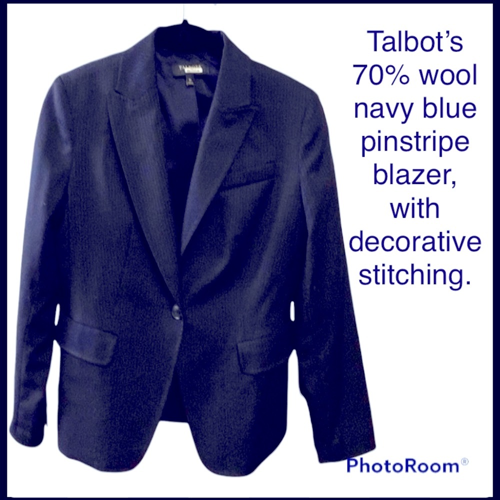 Talbot’s 70% wool navy blue pinstripe blazer, with decorative stitching.